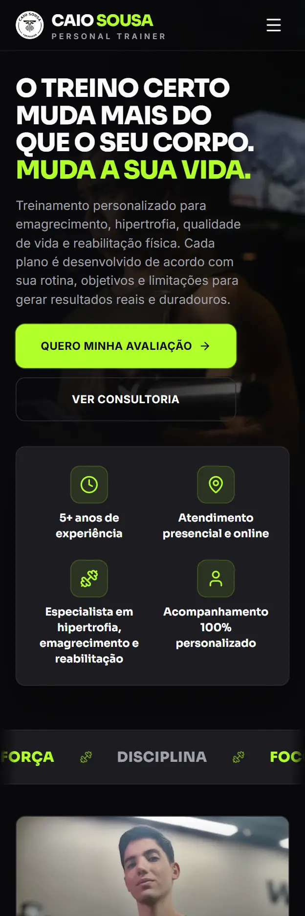 Tela do site do Caio Sousa, personal trainer, no celular